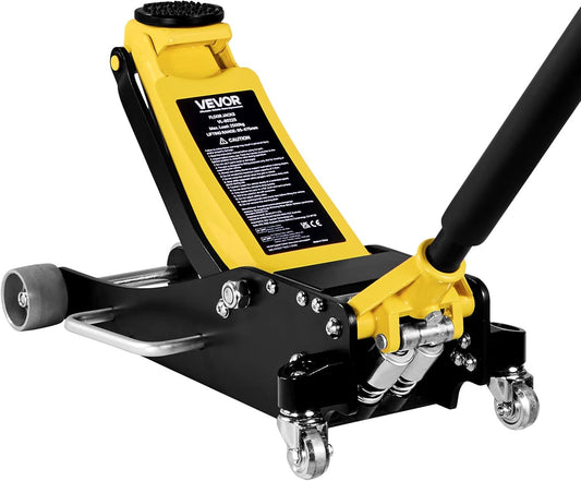 VEVOR Garagekrik met laag profiel en 360° wielen, 2,5 t, snelzuigerpomp, 95-475 mm hefhoogte, hydraulische krik voor compacte SUV's, geel + zwart