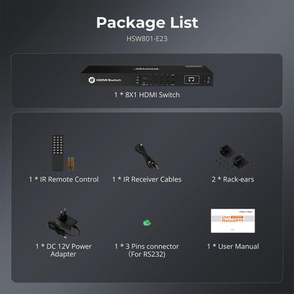 TESmart HDMI Switch 8 in 1 uit HDMI-schakelaar 8-poorts Ondersteunt 4K@60Hz HDCP 2.2, 19" rackmount | RS-232/Lan-bediening | IR-afstandsbediening en automatische schakelaar | Automatische scan