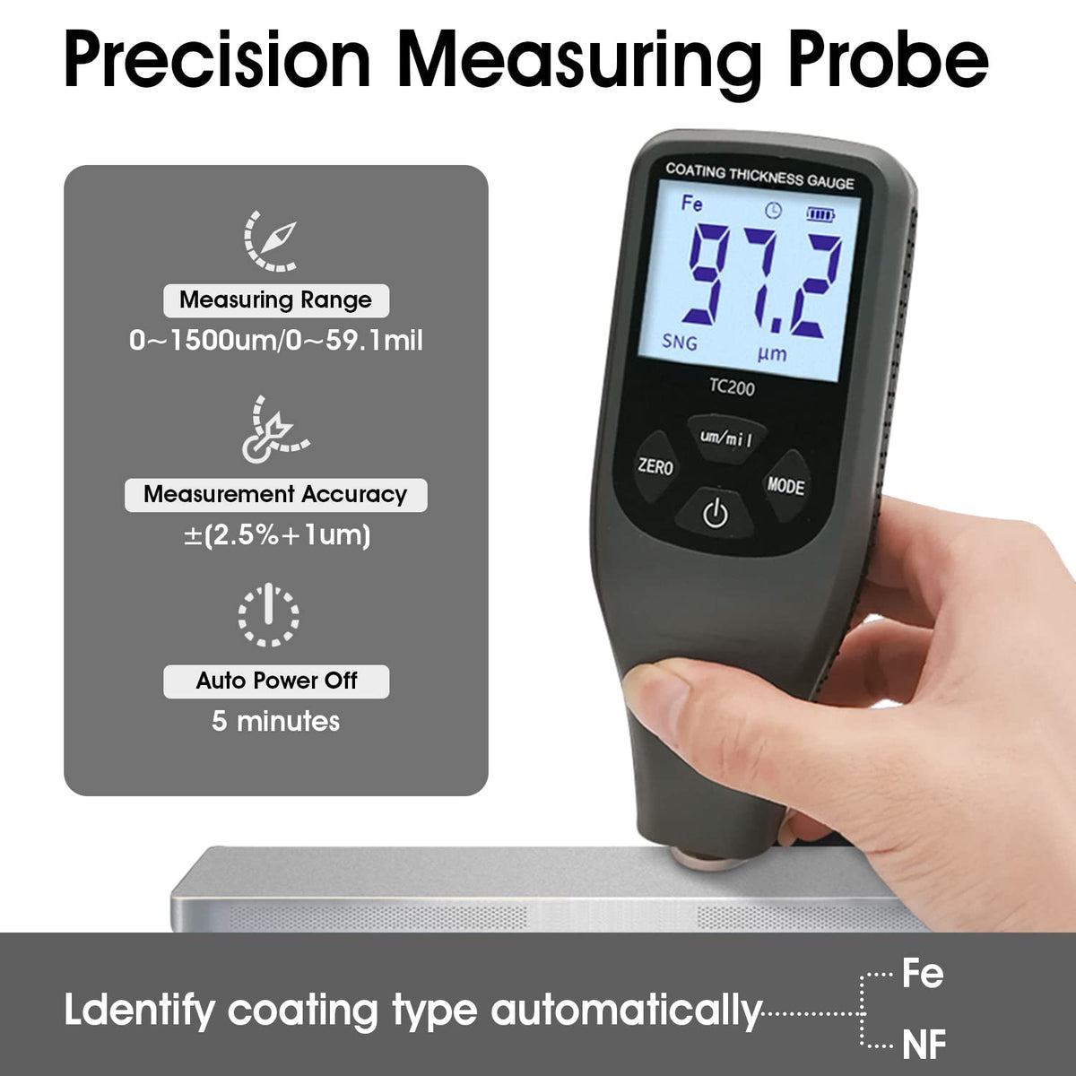 Laagdiktemeter digitale lakdiktemeter met sensor voor automatische Fe-NF-meting meetbereik 0-1500 um (0-59,1 mil) Automotive Car Paint Depth Gauge Test LCD achtergrondverlichting