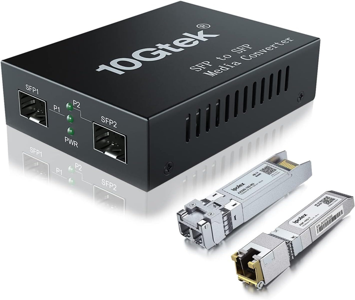 ipolex 10G Ethernet mediaconverter, 10G Dual SFP+ poort, glasvezel mediaconverter volledig verpakt met een 10GBase-T transceiver (30m@CAT.6aCAT.7) en een 10GBase-SR module (850-nm, 300m@OM2OM3MMF).