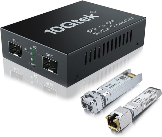 ipolex 10G Ethernet mediaconverter, 10G Dual SFP+ poort, glasvezel mediaconverter volledig verpakt met een 10GBase-T transceiver (30m@CAT.6aCAT.7) en een 10GBase-SR module (850-nm, 300m@OM2OM3MMF).