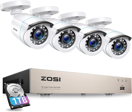 ZOSI Outdoor 1080P Surveillance Camera Set 8CH DVR met 1TB Harde Schijf en 4X 1080P Outdoor Bullet Camera CCTV-Systeem voor Binnen en Buiten, 24M IR Nachtzicht