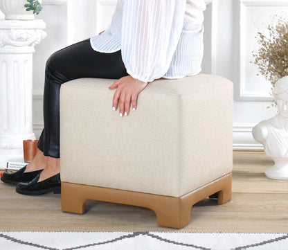 Stijlvolle poef, crème & beige, 50 x 47 x 50 cm, 50% katoen en 50% linnen, 35 DNS orthopedische spons, 6 cm dikte, faux lederen legs, modern comfort