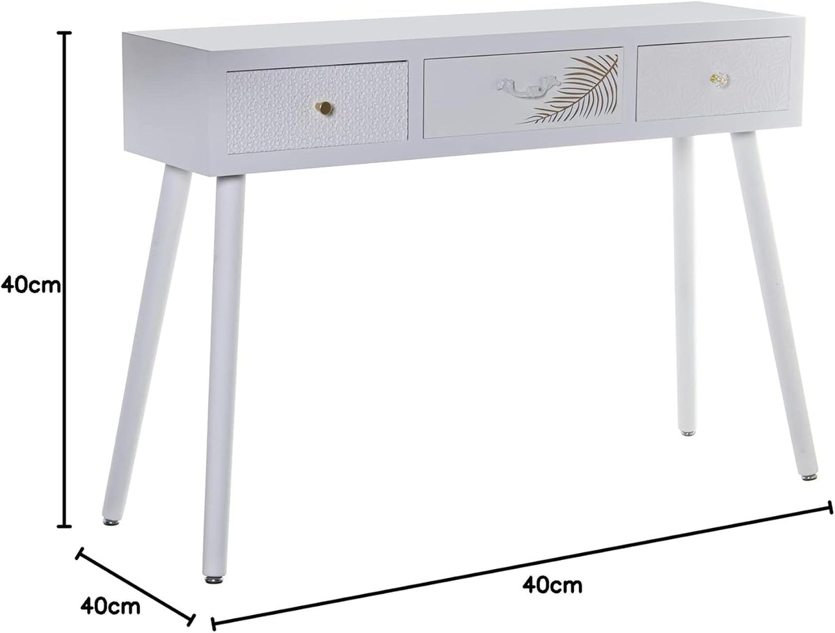 DRW Ingangstafel met 3 schuifladen van MDF-hout met reliëf in wit en goud, 107 x 30 x 78 cm
