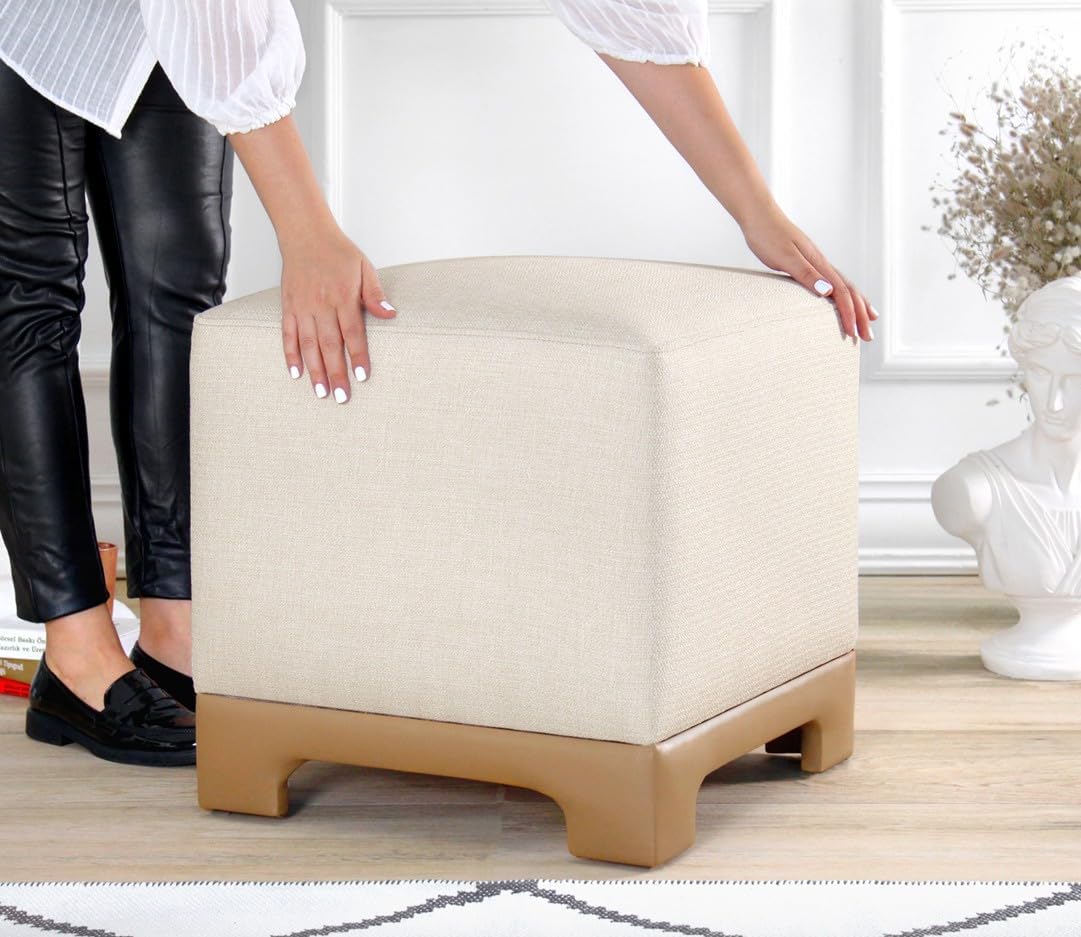 Stijlvolle poef, crème & beige, 50 x 47 x 50 cm, 50% katoen en 50% linnen, 35 DNS orthopedische spons, 6 cm dikte, faux lederen legs, modern comfort