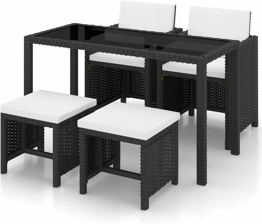 5-Piece Garden Dining Set with Cushions Garden Furniture Set Garden Table with Chairs Set Dining Lounge Garden Furniture Set Poly Rattan Black - QUORE