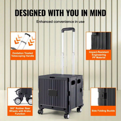 Boodschappenkar – Winkelwagen – Trolley – Transportkar – Inklapbare Kar – Draagkracht 24,9 kg – Allterrain Rubber Wielen – Compact & Lichtgewicht – Zwart