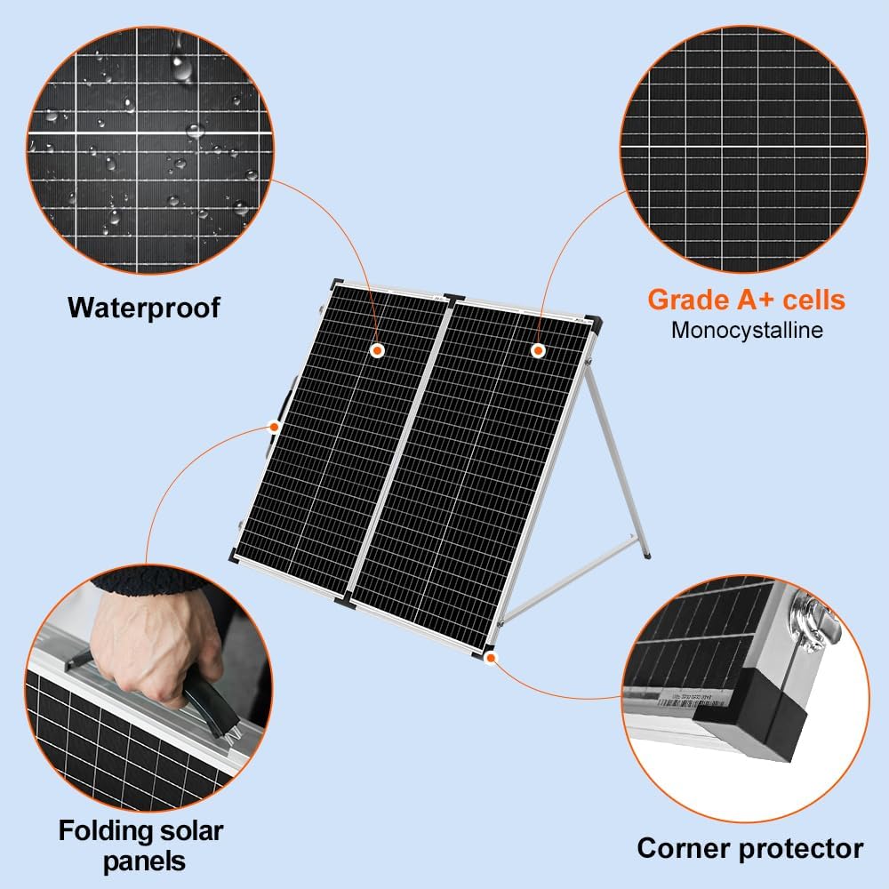 DOKIO Zonnepaneel Draagbaar Opvouwbaar 160W 18V met solar-oplader (2 USB-poorten) voor 12V Batterij, inclusief transporttas, voor camping, camper of boot op zonne-energie
