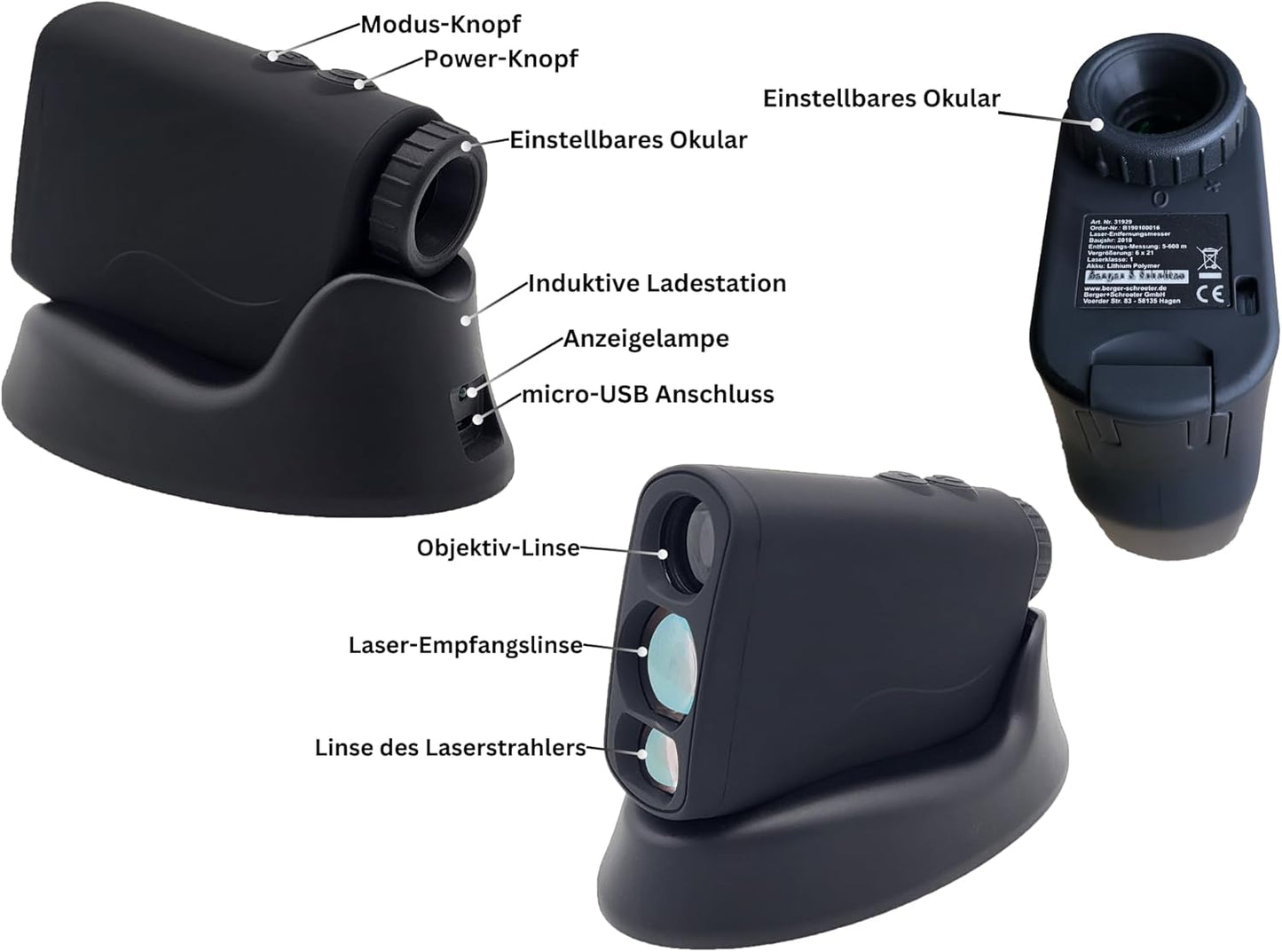 Laserafstandsmeter PRO X7 incl. inductief laadstation, jacht, golf, ranvinder tot 1000 m, snelheidsmeting