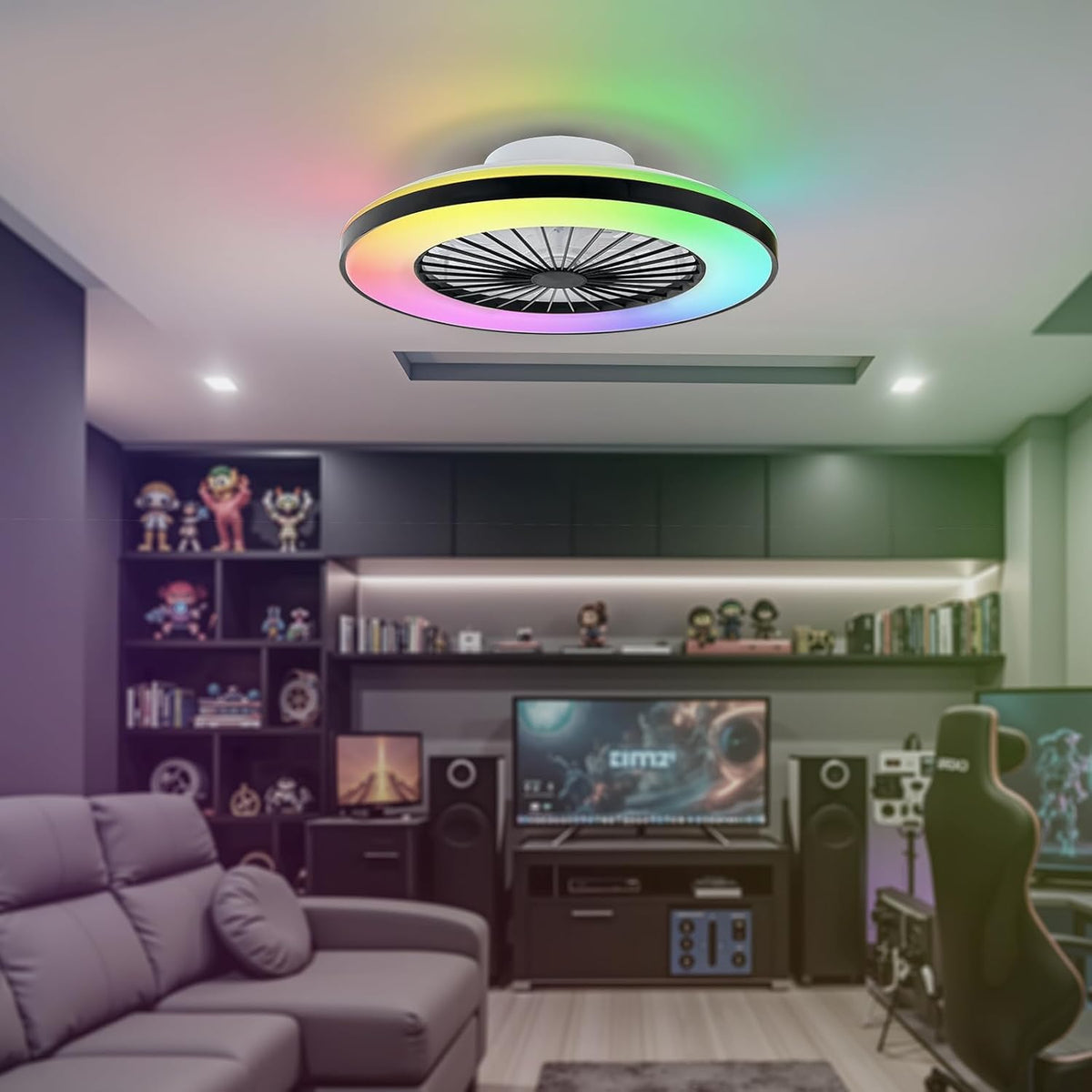Moderne LED-plafondlamp met ventilator, RGB-plafondventilatorverlichting, 6 ventilatiesnelheden, oneindig dimbare verlichting voor woonkamer, slaapkamer, kantoor, 3000-5500 K, (Zwarte lijst 50CM)
