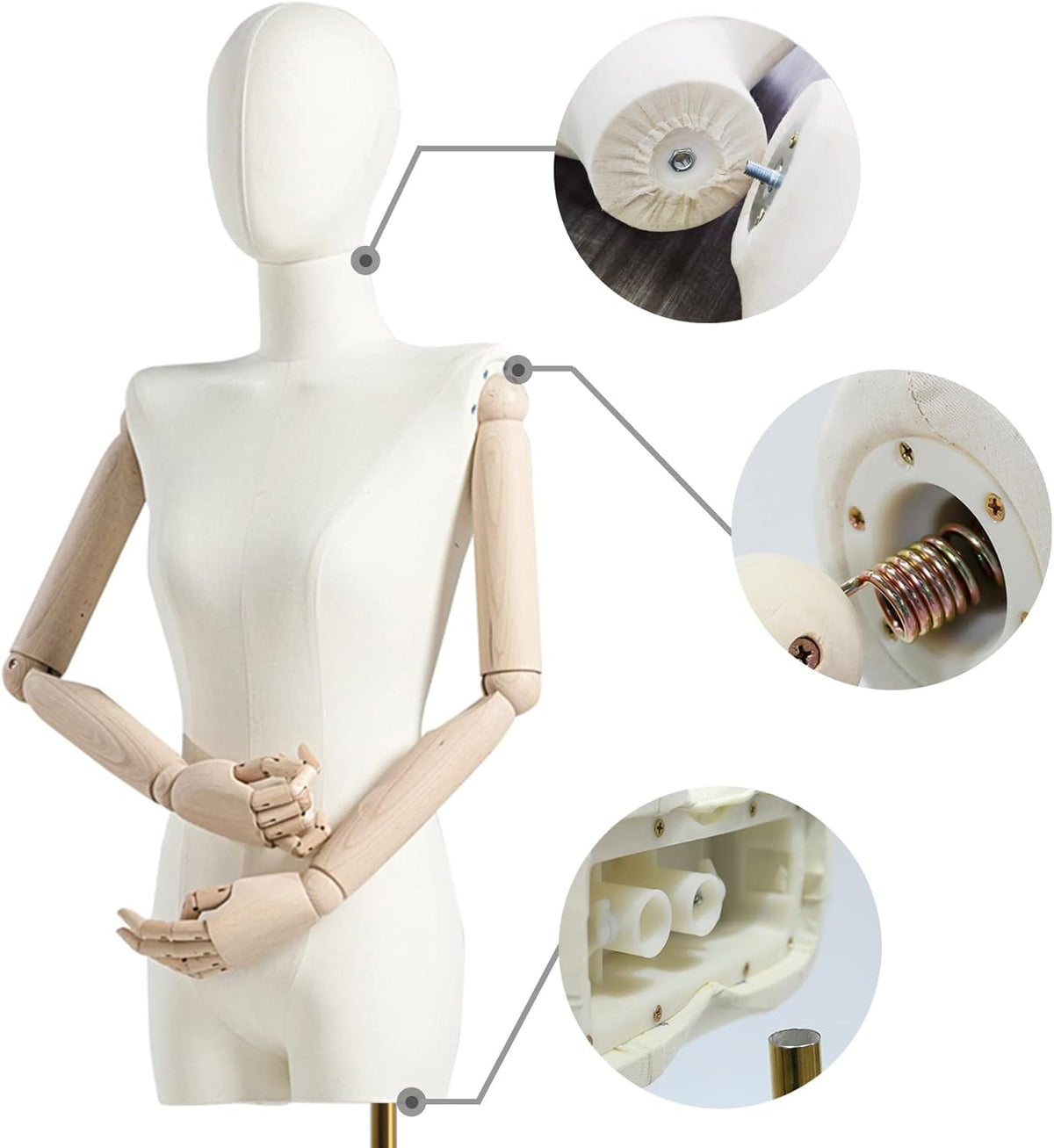 Vrouwelijke mannequin torso – Paspop – Etalagepop – Kleermakersbuste – Displaypop – Verstelbare hoogte 132-200 cm – Stevige metalen voet en linnen bekleding