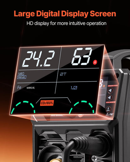 VEVOR MIG Welding Machine, 200 A, Syergetic Welding Machine, Portable MIG Gas Free 5-in-1 Gas Free Welding Machine, with IGBT Inverter Technology, LCD Display, TIG Lift Flashlight Not Included