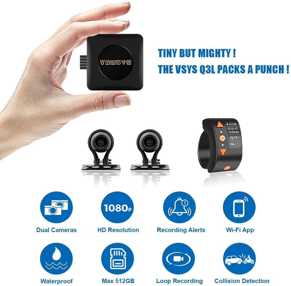 VSYSTO WiFi Motorfiets Dashcam, OLED Display Kabelcontroller, Hoge Snelheid Video Download, Waterdichte 1080P Voor- en Achtercamera, Temperatuurweergave, Fouttrillingswaarschuwing (Q3L)