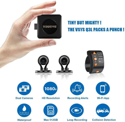 VSYSTO WiFi Motorfiets Dashcam, OLED Display Kabelcontroller, Hoge Snelheid Video Download, Waterdichte 1080P Voor- en Achtercamera, Temperatuurweergave, Fouttrillingswaarschuwing (Q3L)