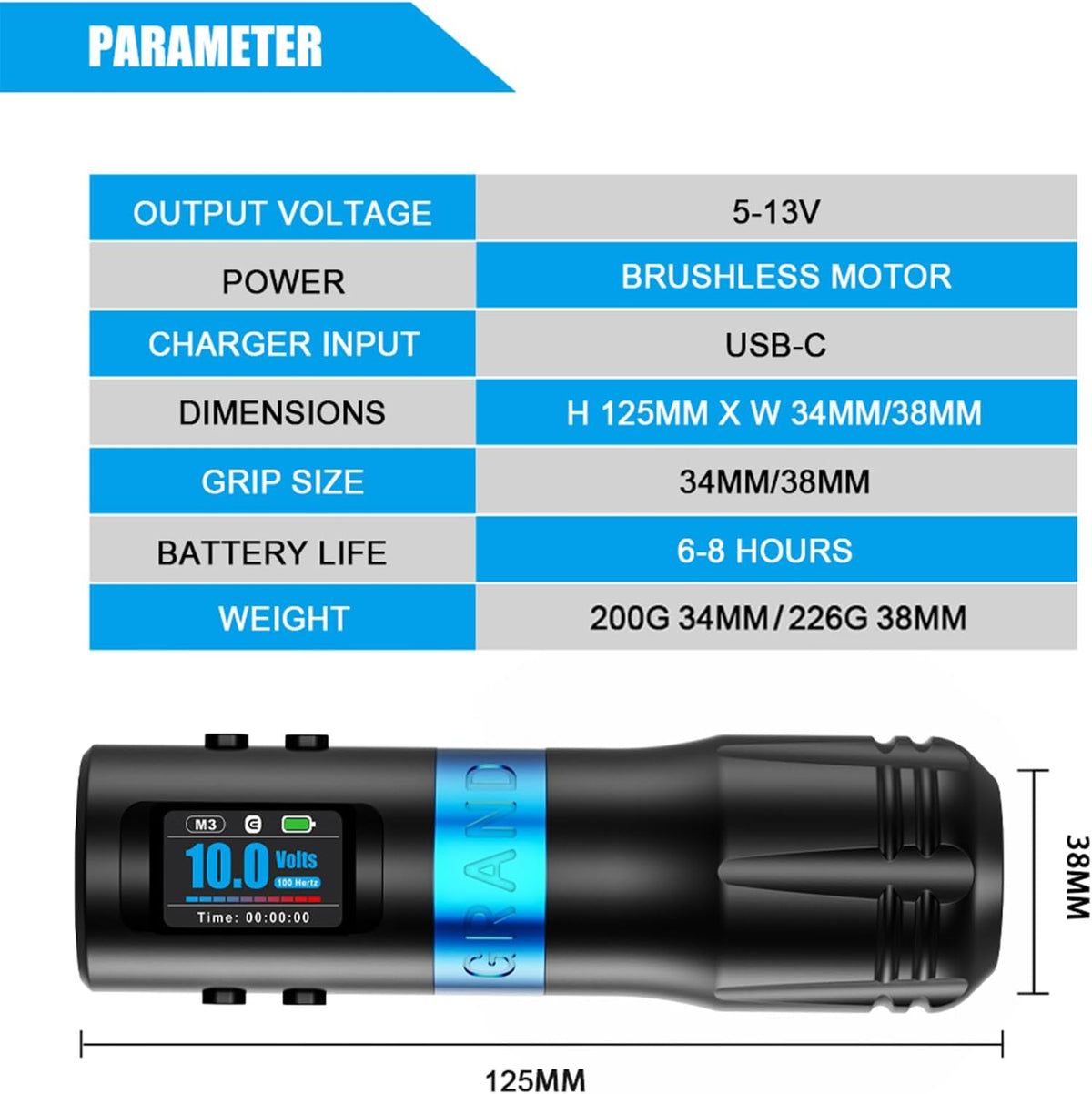 EMALLA GRAND G4 Draadloze tattoo-penmachine (5,0 mm slag), slim led-scherm met 2 duurzame batterijen en 34/38 mm handgrepen, professionele tattoo-kit