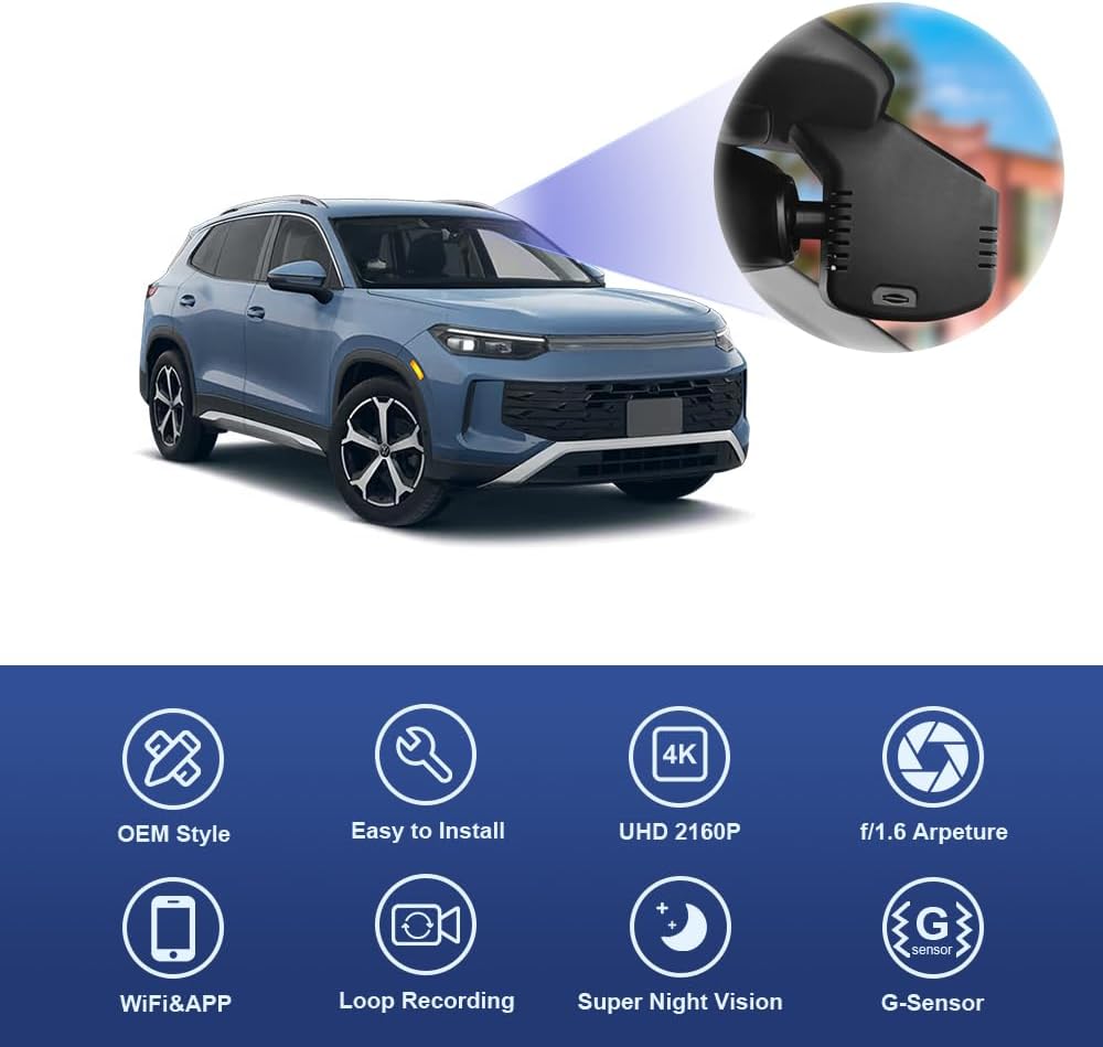 Fitcamx Dashcam 4K Geschikt voor Volkswagen Tiguan MK3 2024 2025 2026 (HD2-6766), OEM Auto Camera, 2160P UHD Video Wifi, Parkeermonitor, G-Sensor, Loop Opname, WDR Dash Cam Car, Plug&Play, 64GB Kaart