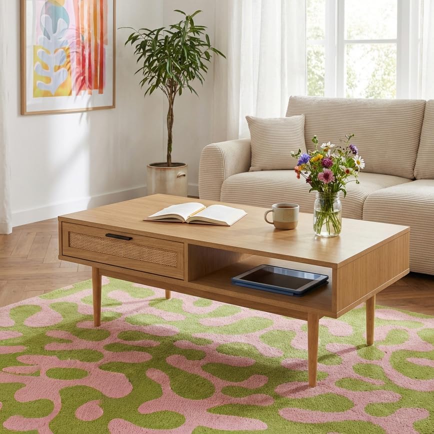 BAÏTA Salontafel Amana eiken look en rieten rotan 2 laden