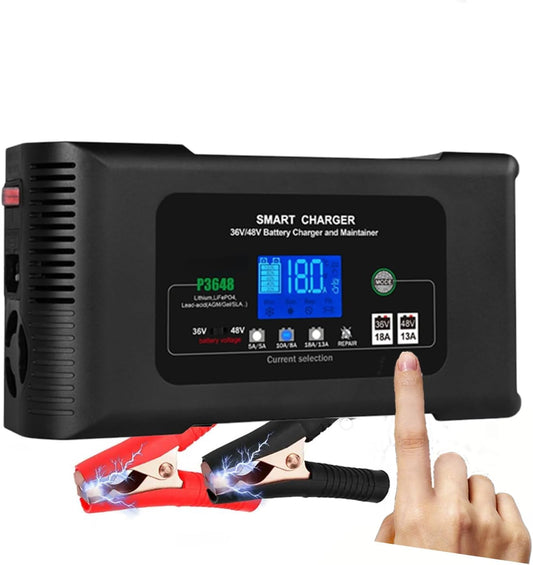 36V/48V Acculader – Batterijoplader – Onderhoudslader – Slimme Acculader – Auto Acculader – 18A Snel Laden – Impulsreparatie & Automatische Accutest