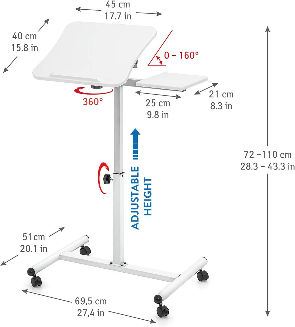 Tatkraft Bianca Ergonomisch Stijlvol Verplaatsbaar Laptopstandaard Bureau met muisbord op wielen, verstelbare hoogte van 72-110 cm, 360 ° draaibaar en 160 ° kantelbaar voor handig staand en zittend werken, Geschikt voor 7-17 '' laptops, Stevig elegant ont