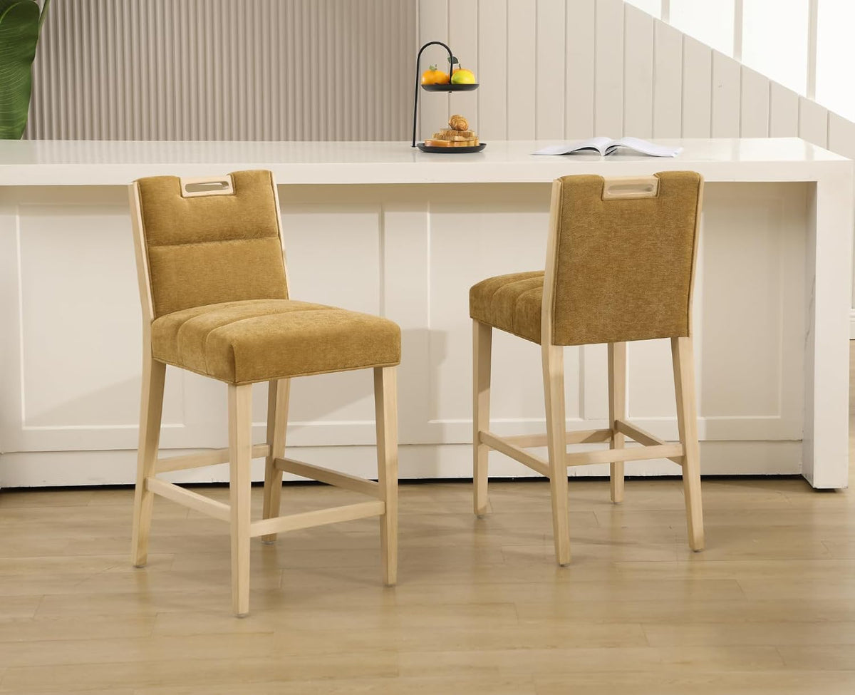 chairus Bar Stools, Set of 2 Kitchen Stools, Upholstered Breakfast Bar Chairs with Wooden Legs, Yellow - QUORE