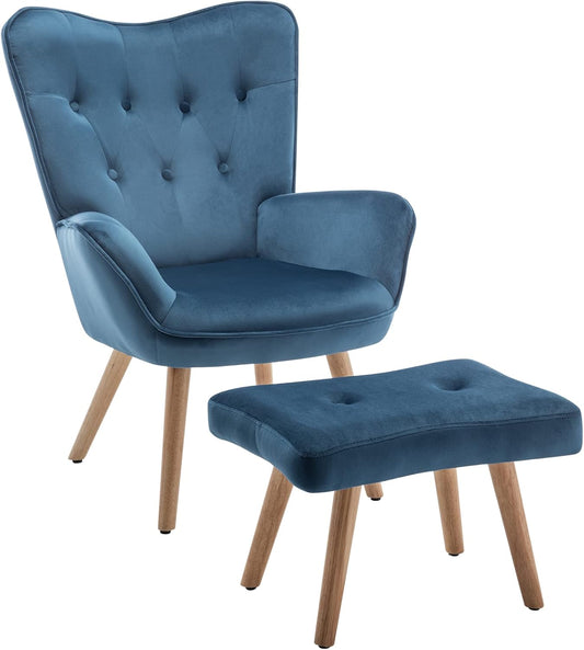 HollyHOME Fauteuil met Voetenbank Comfortabele Fauteuil Woonkamer Fluwelen Leesstoel Slaapkamer Accentstoelen Loungestoelen, Blauw