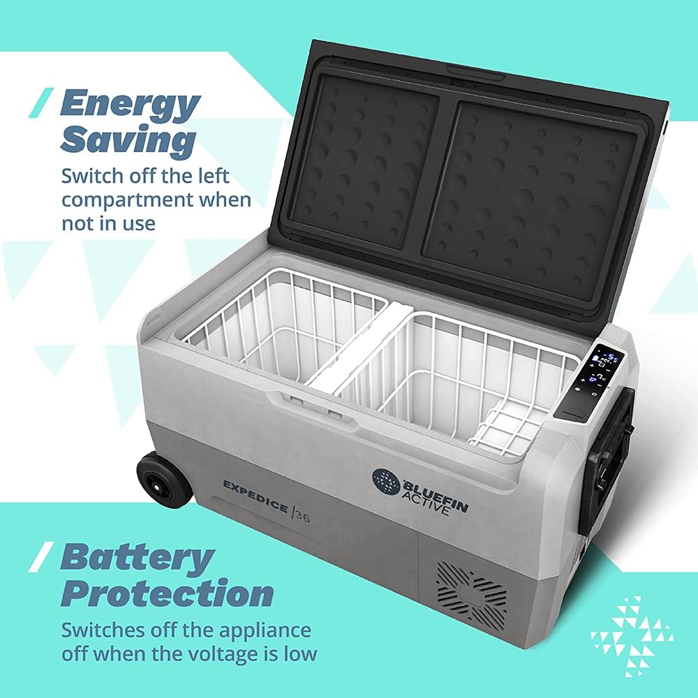 Bluefin Active Draagbare Koelbox | Geavanceerde Koel- en Vriestechnologie | Energiebesparend Opladen | Dubbele Compartimenten| Smartphone App-Bediening | LCD-scherm | AC & DC