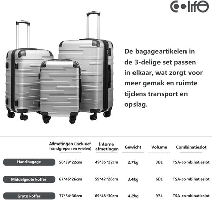 COOLIFE 3-delige kofferset Bagagesets Carry On Hand Cabine Bagage Medium Koffer Grote Inchecken Uitbreidbare Koffer met harde schaal reiskofferset met TSA-slot ABS kofferset(Donkergroen, 56+67+77cm)