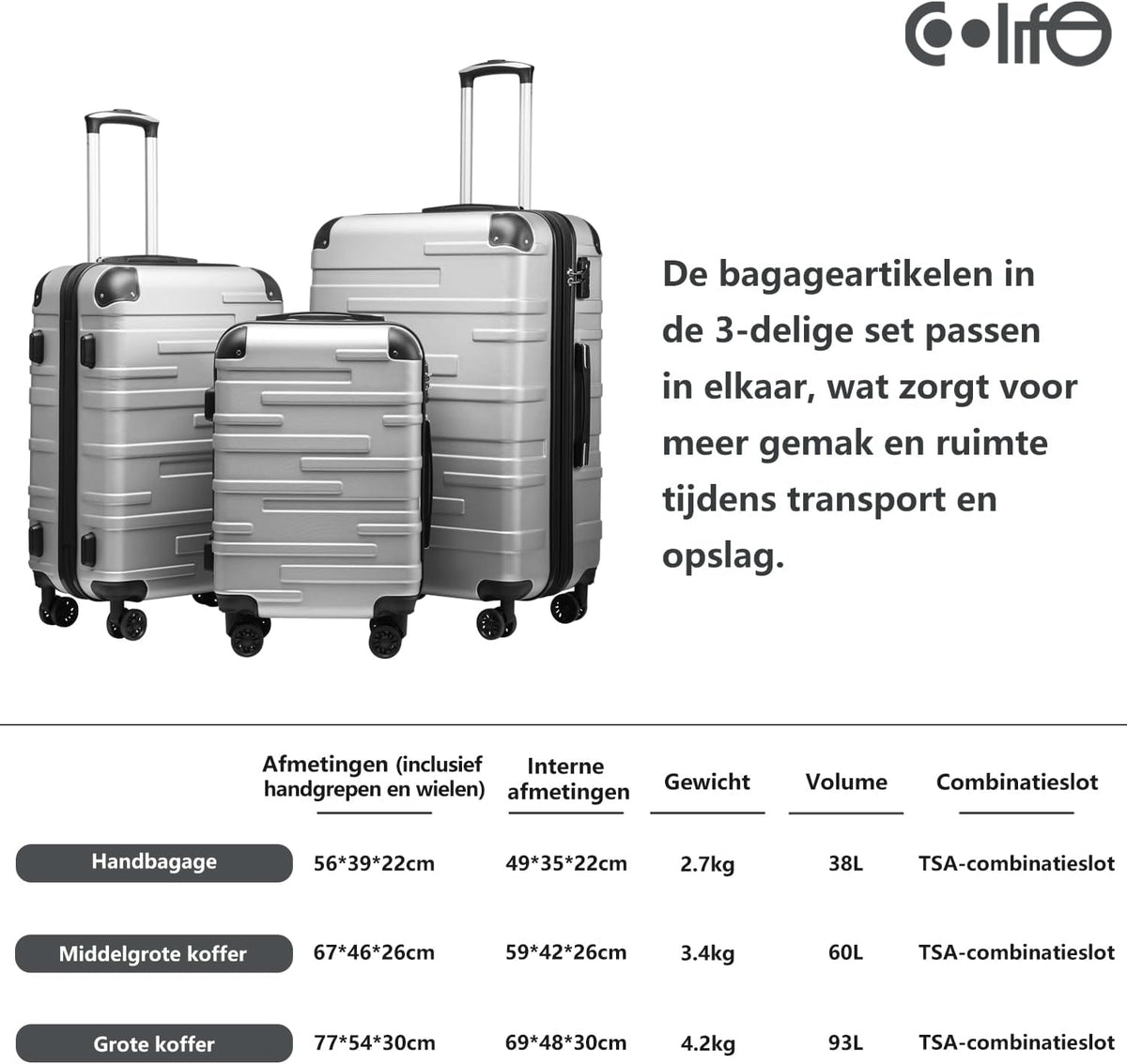 COOLIFE 3-delige kofferset Bagagesets Carry On Hand Cabine Bagage Medium Koffer Grote Inchecken Uitbreidbare Koffer met harde schaal reiskofferset met TSA-slot ABS kofferset (Zilver, 56+67+77cm)