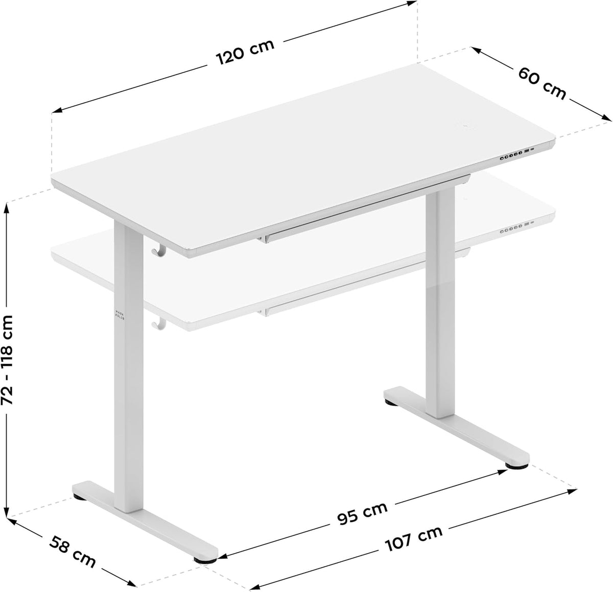 MARK ADLER Leader 8.5 | Electric Desk Height Adjustable | Matte Glass Plate | USB-C & Wireless Charging Function | Memory Function | Drawer | 120 x 60 cm | White - QUORE