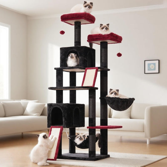 Kattenboom – Krabpaal – Speelboom – Klimpaal – Kattenmeubel – 200 cm Hoog – Extra Stevig Met Kantelbeveiliging – Zwart Rood