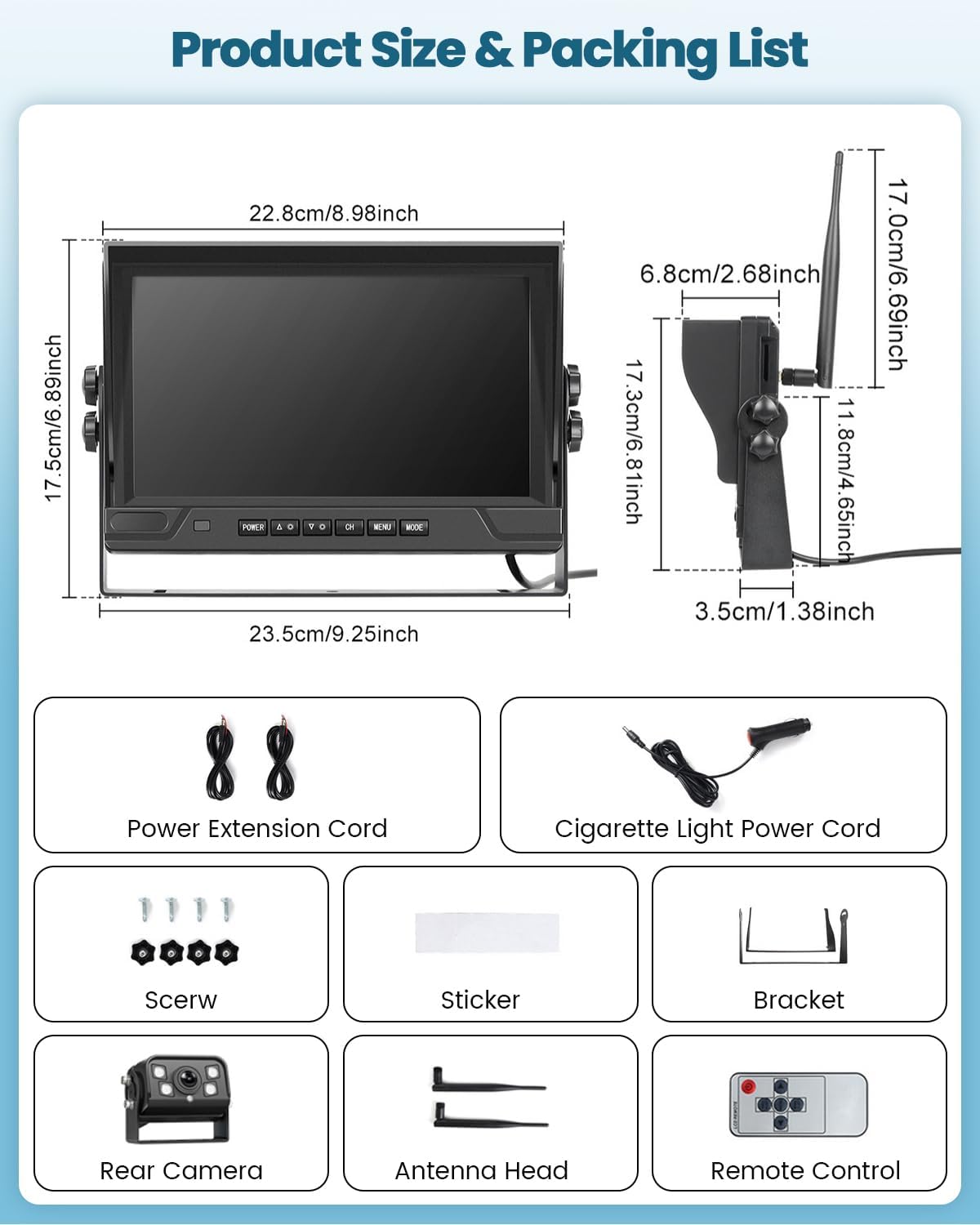 draadloze achteruitrijcameraset met 9 inch IPS-scherm, anti-interferentie, IR-nachtzicht, IP68 waterdicht, met 1 camera, met BSD, loop-opname, 12-36V