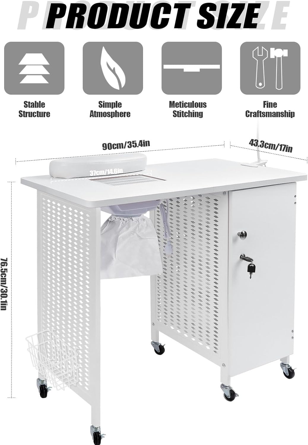 Mobiele Manicure Nageltafel – Manicuretafel, Nagelbureau, Nagelstation, Nagelmeubel – Wit – 6 Zwenkwielen, Vergrendelbaar – 4 Laden, Stofafzuiging En Polssteun