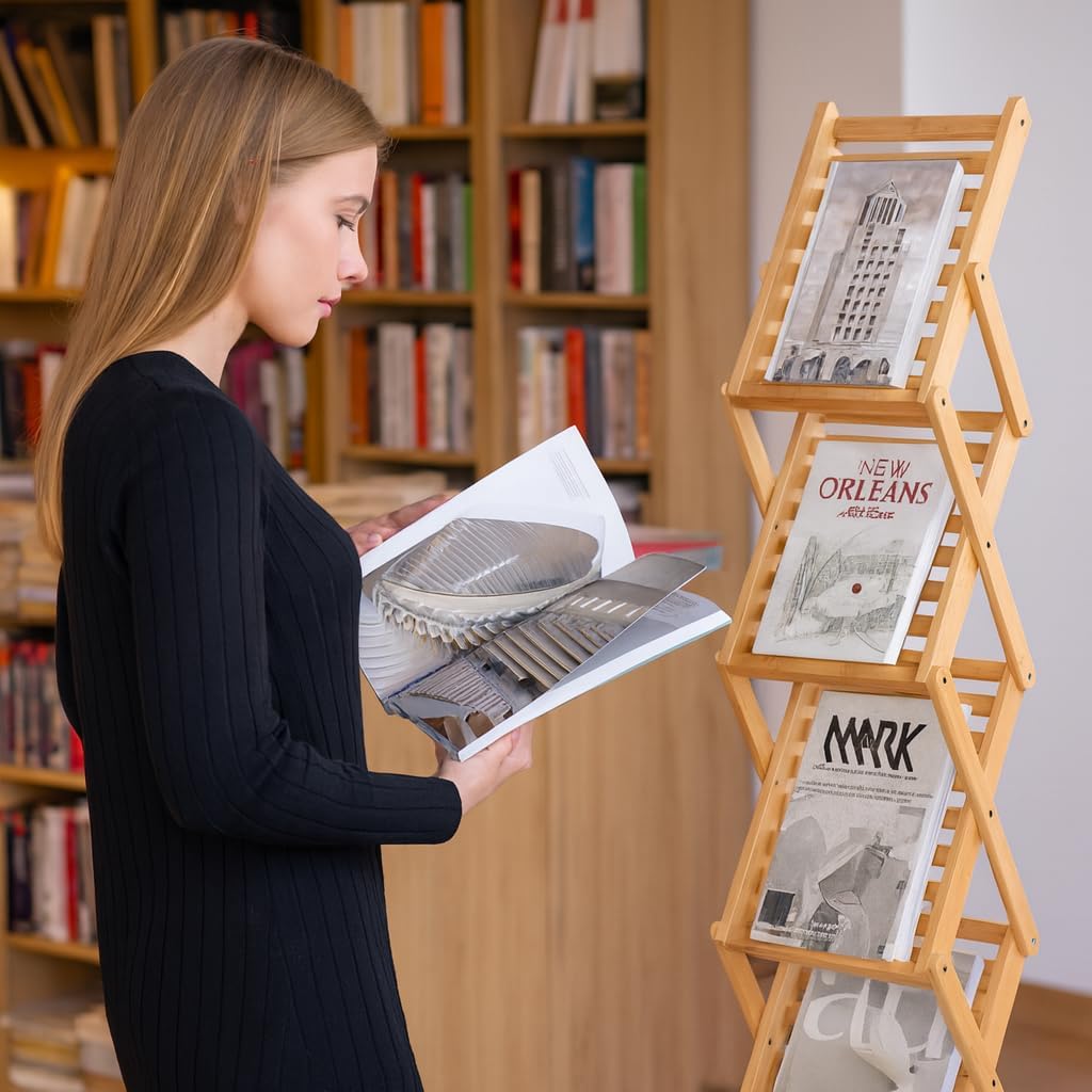 Opvouwbare brochurestandaard van bamboehout – Brochurehouder, flyerstandaard, tijdschriftenstandaard, folderstandaard – Geschikt voor A4-formaat – Verstelbaar in 99 of 145 cm