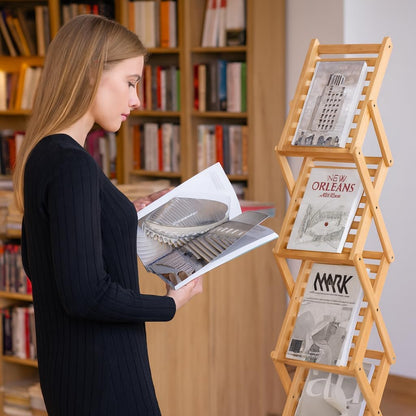 Opvouwbare brochurestandaard van bamboehout – Brochurehouder, flyerstandaard, tijdschriftenstandaard, folderstandaard – Geschikt voor A4-formaat – Verstelbaar in 99 of 145 cm