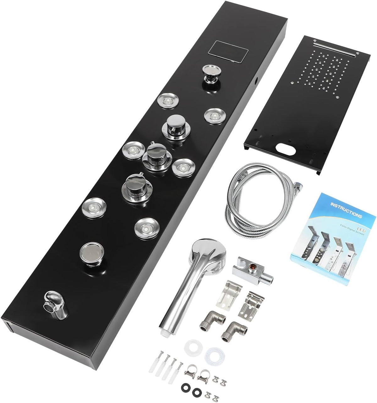Douchepaneel – Douchekolom – Douchewand – Thermostaatkraan – Regendouche – RVS Zwart – LED Temperatuurweergave – 6 Waterstanden