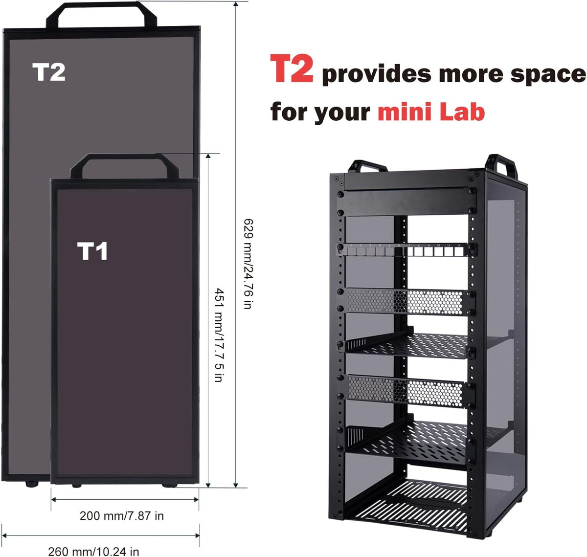 GeeekPi DeskPi RackMate T2, 10 Inch 12U Serverkast, 260mm Diepte Mini Rack met Rack Shelf, Leeg Panel & Patch Panel, voor 10 Inch AV, NAS en Server Equipment (Zwart)