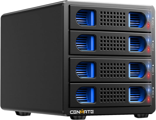 Harde schijfbehuizing, CENMATE 4-bay RAID-behuizing 5 Gbps met ventilator voor 2,5/3,5 SATA HDD/SSD, USB A/C 3.0+eSATA-kabel, 3,5 harde schijfbehuizing ondersteunt 80 TB capaciteit, 8 RAID-modi, DAS