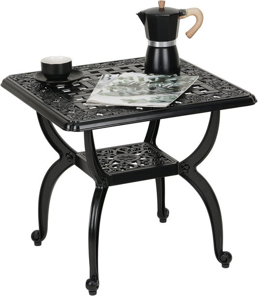 JARDIN DE CENTENNIAL Cast Aluminium Outdoor Side Table, Anti-Rust, Outdoor End Table, Patio, Coffee Bistro Table for Indoor, Garden, Porch, Balcony (Square Black) - QUORE
