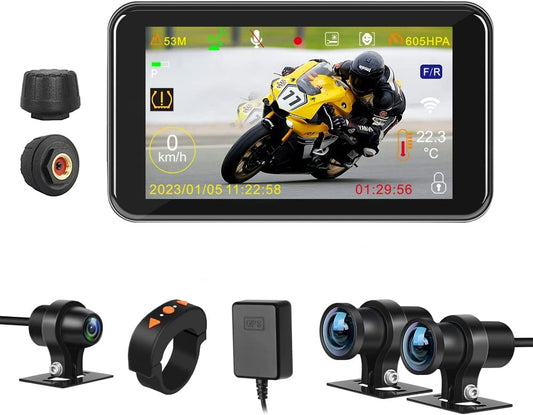 VSYSTO 4.5 Inch Screen WiFi Motorcycle Camera, Waterdichte HD 1080P Selfie camera voor en achteruitkijkcamera 150° groothoek motor dash cam, parkeren bewaking, GPS (F4.5Pro)