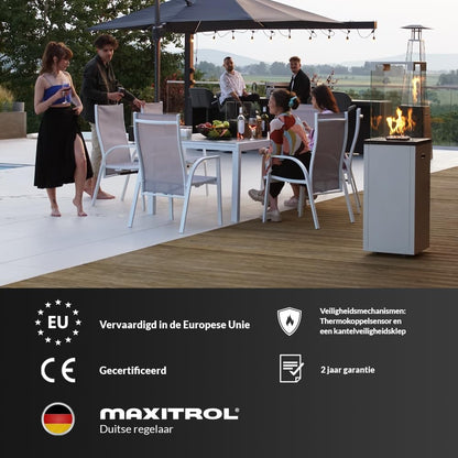 KRATKI Patio Light Moderne Gas Tuinkachel op Wielen - 8,2 kW - Stijlvolle Decoratieve Verlichting voor Tuin, Balkon, Terras - Werkt op G30/30mbar Gasfles - Veilig - Staal en Glas - Zwart