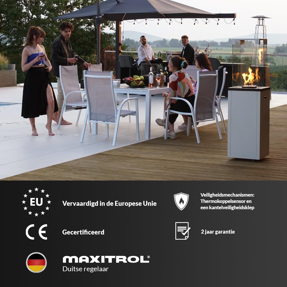 KRATKI Patio Light Moderne Gas Tuinkachel op Wielen - 8,2 kW - Stijlvolle Decoratieve Verlichting voor Tuin, Balkon, Terras - Werkt op G31/50mbar Gasfles - Veilig - Staal en Glas - Zwart