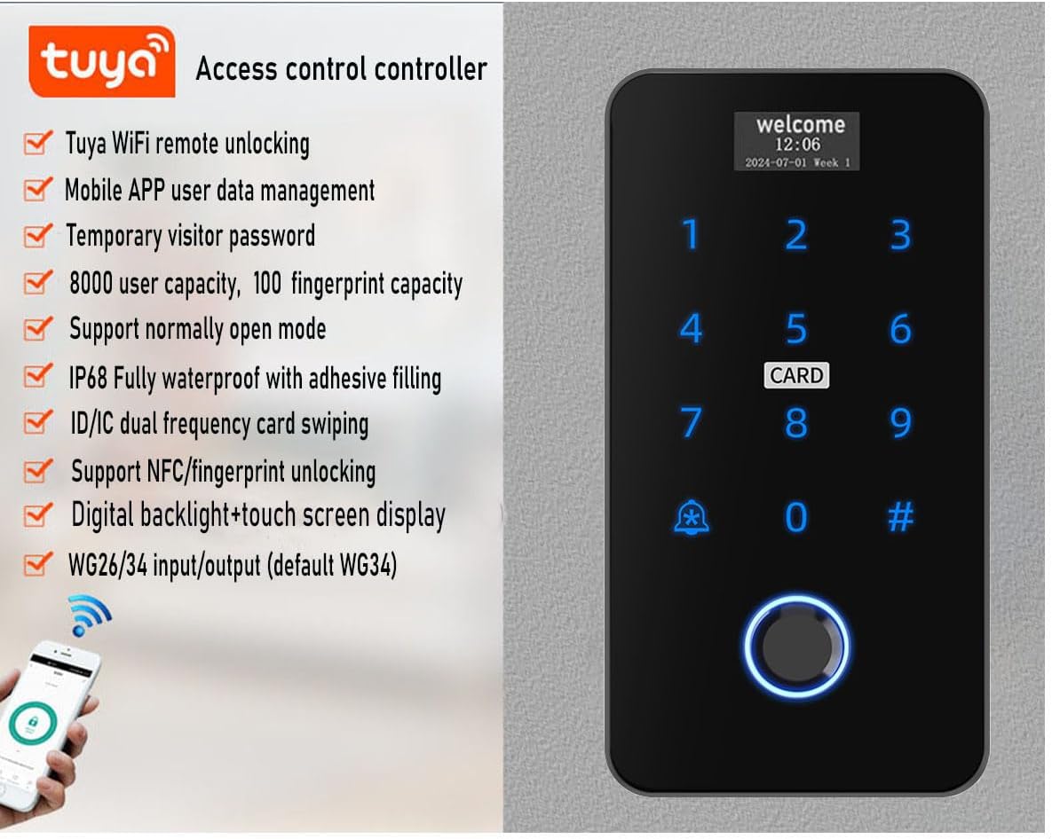 YAVIS Tuya WiFi Kit met Screen Vingerafdruk Access Controller IP68 Waterdichte Touch Keyboard RFID/IC Card Reader WG26/34180kg Elektrisch Magnetisch Slot, 3A Voeding, Deurbel, Knop