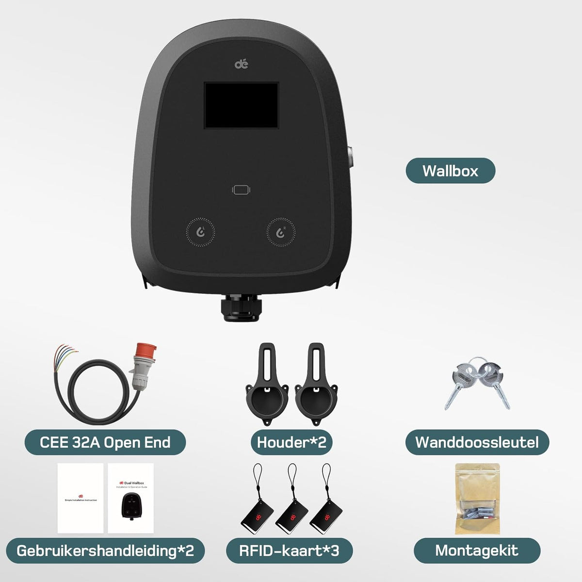 dé Dual-Cable Wallbox 2×22kW [6-32A, 3-Fase] EV Oplader met Twee Type 2 Stopcontact 22kW met APP, RFID en OCPP-protocollen, Wallbox 22kW Gelijktijdig Opladen van Twee Auto’s, voor BEV/PHEV.