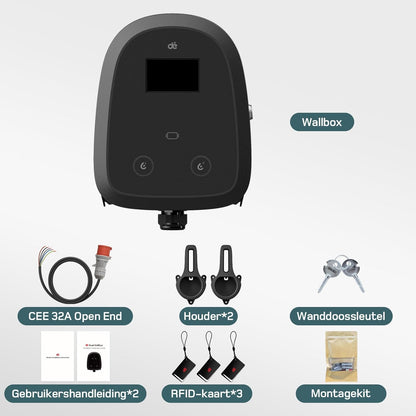 dé Dual-Cable Wallbox 2×22kW [6-32A, 3-Fase] EV Oplader met Twee Type 2 Stopcontact 22kW met APP, RFID en OCPP-protocollen, Wallbox 22kW Gelijktijdig Opladen van Twee Auto’s, voor BEV/PHEV.