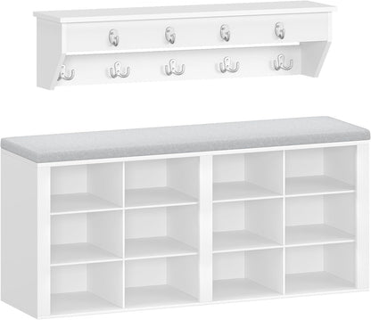 Hzuaneri Coat Rack with Bench Shoe Bench with Seat Entrance Bench 30 x 104 x 49 cm Wall Coat Rack with 9 Hooks Coat Hooks for Living Room Bedroom Entrance White Grey HT24903GY