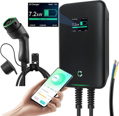 Laadstation elektrische auto – Wallbox EV – Oplader – Type 2 lader – Elektrisch voertuig lader – 7 kW vermogen – App-bediening en IP66 waterdicht