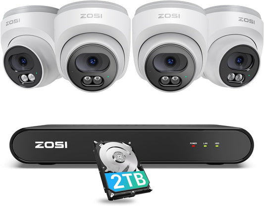 ZOSI 2,5K PoE Bewakingscamera voor Buiten, 8CH 5MP NVR met 2TB HDD, 4X 4MP PoE Dome Camera Bewaking Set met Audio, Persoonsherkenning, 100ft Nachtzicht, C220