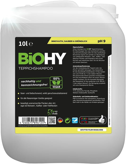 BiOHY Tapijt schoonmaker (10 Liter Busje) | Tapijtreiniger concentraat | ideaal voor het verwijderen van hardnekkige vlekken | goed verdragen door dieren (Teppichshampoo)