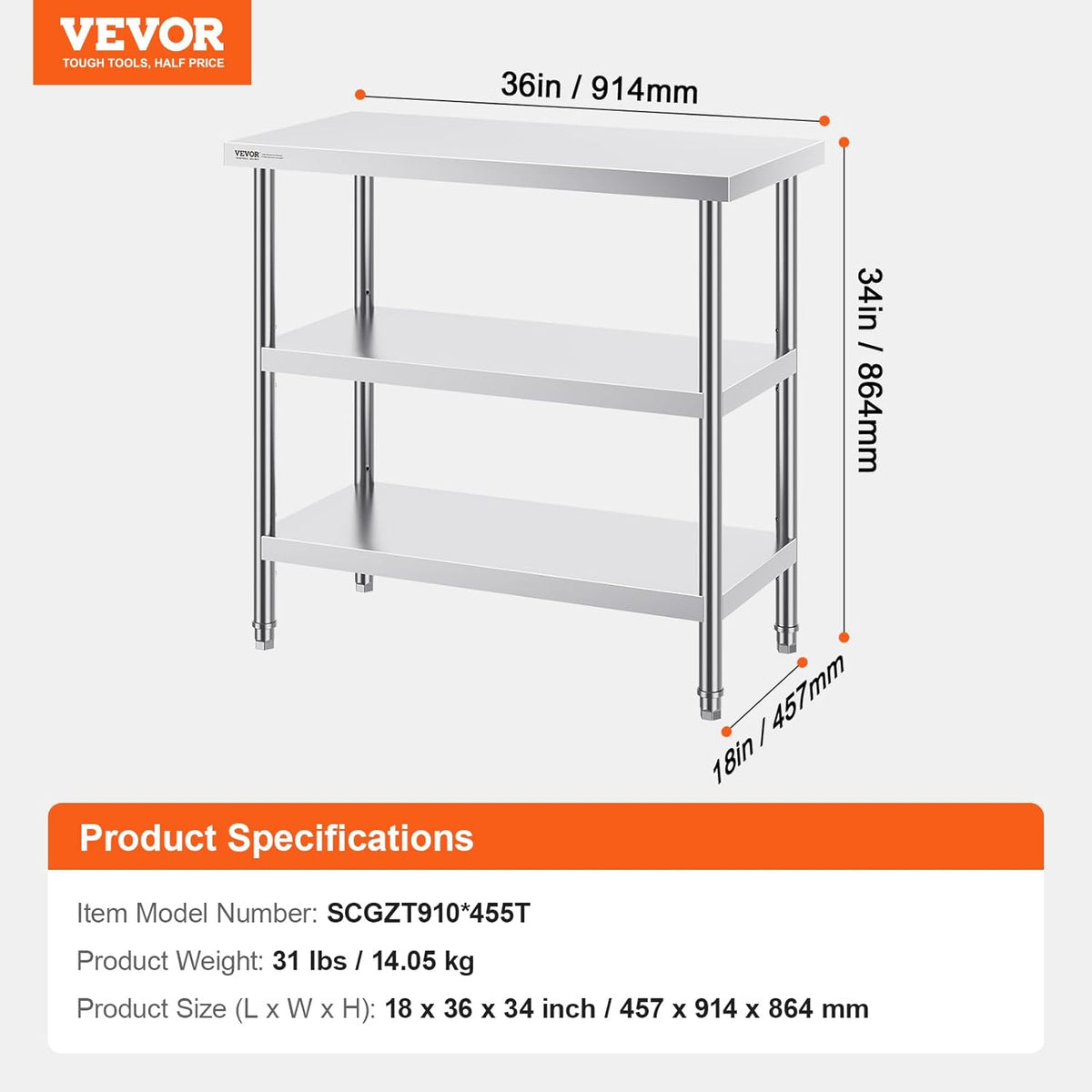 VEVOR Roestvrijstalen voedselbereidingstafel, 45 x 90 x 90 cm, commerciële keukenwerktafel, keukentafel, met 2 verstelbare onderplank, zware metalen werktafel voor barbecue, keuken, huis en garage
