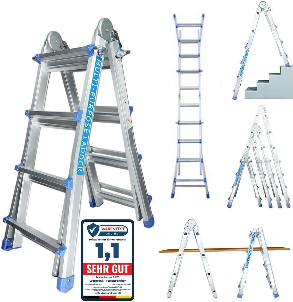 Professionele aluminium telescopische ladder, 4/7/14 treden, ombouwbare trapladder, multifunctionele ladder